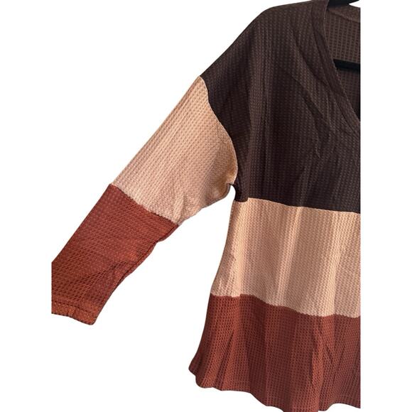 NWT Bloomchic 12 Waffle Vneck Colorblock Brown Rust Beige Long Sleeve Top #3620 - Picture 2 of 11
